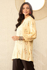 Yellow Cotton Blend Floral Printed Regular Top VT1327