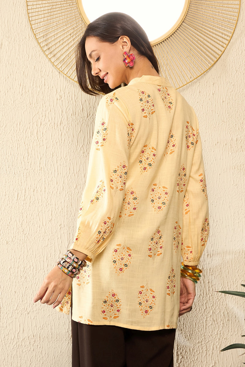Yellow Cotton Blend Floral Printed Regular Top VT1327 | DesiQlo