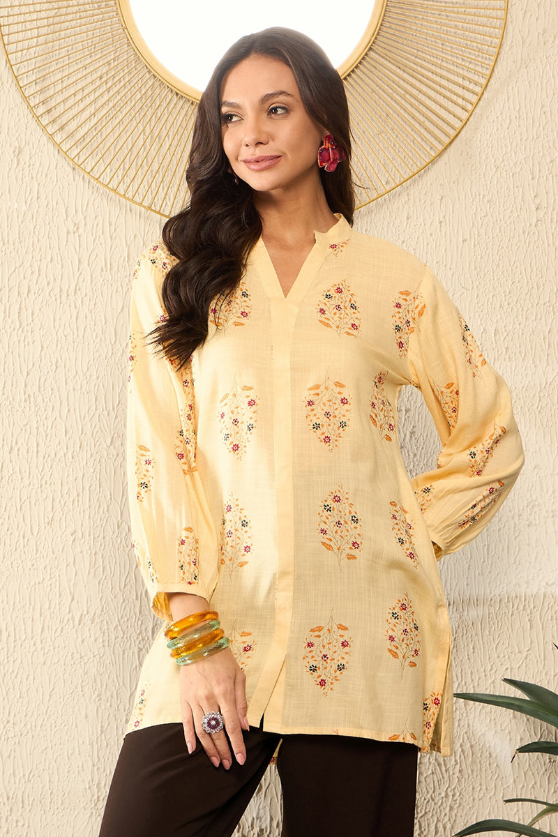 Yellow Cotton Blend Floral Printed Regular Top VT1327 | DesiQlo