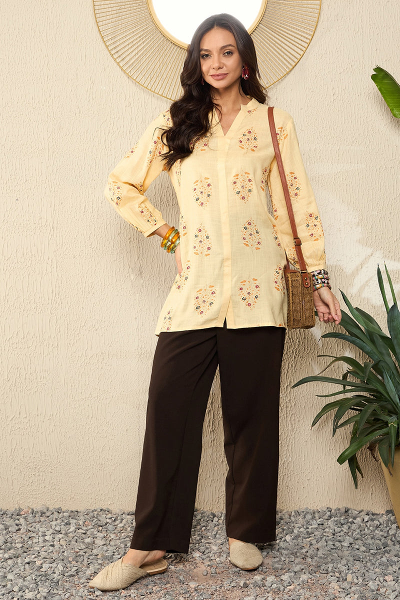 Yellow Cotton Blend Floral Printed Regular Top VT1327 | DesiQlo
