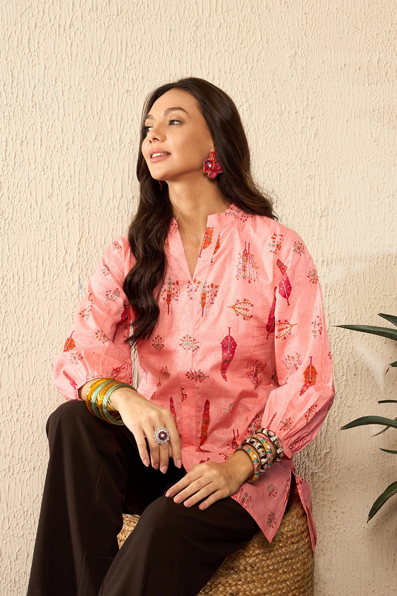 Pink Cotton Blend Floral Printed Regular Top VT1328 | DesiQlo