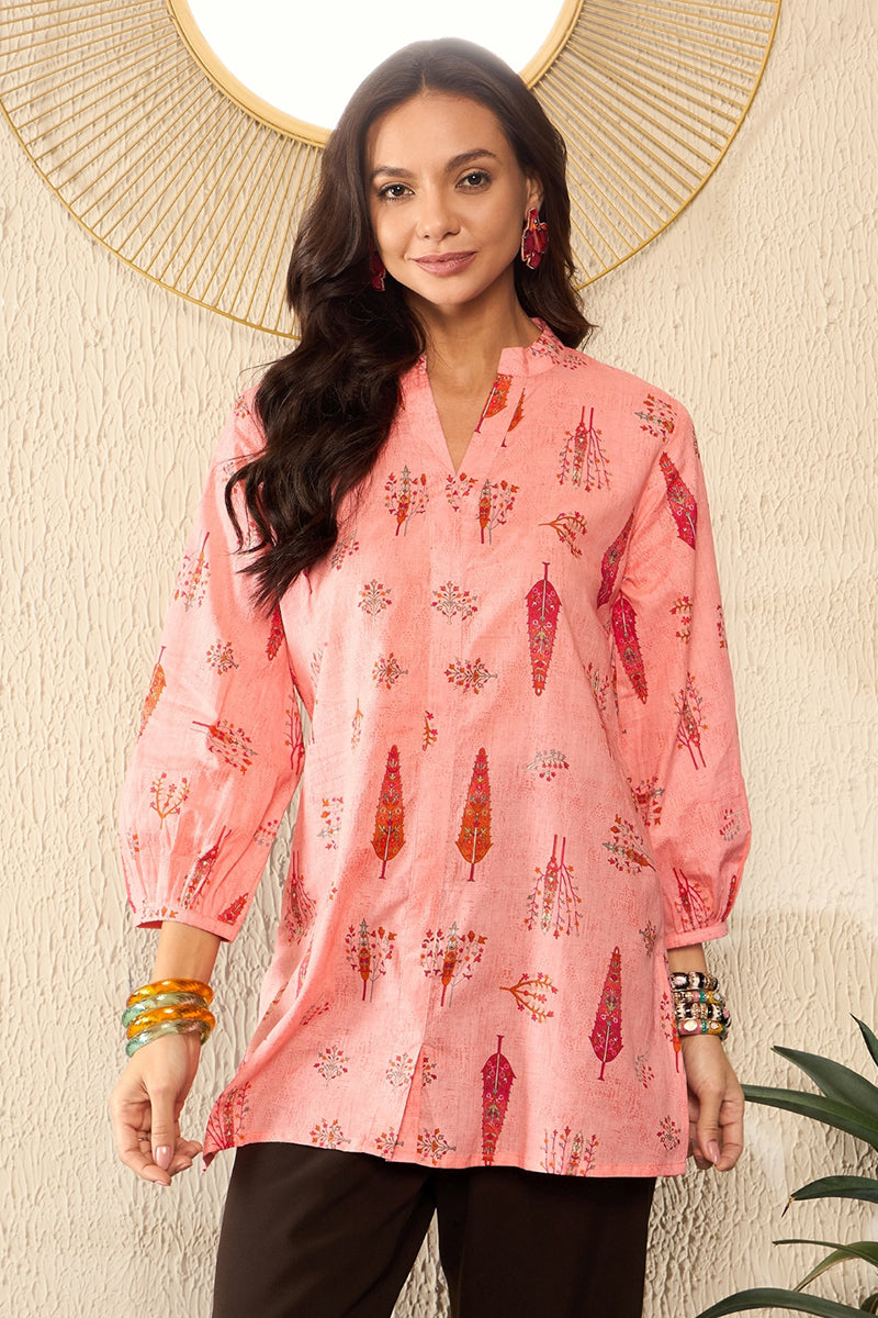 Pink Cotton Blend Floral Printed Regular Top VT1328 | DesiQlo