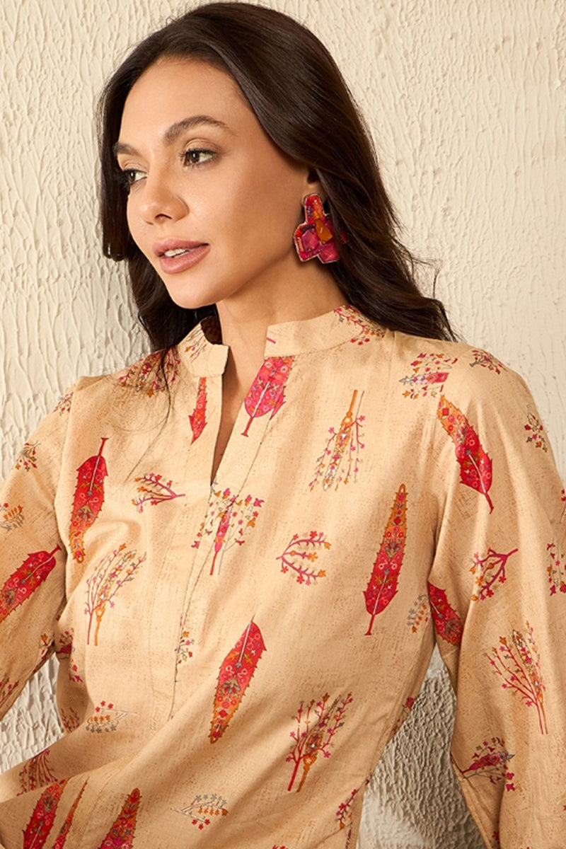 Beige Cotton Blend Floral Printed Regular Top VT1329 | DesiQlo