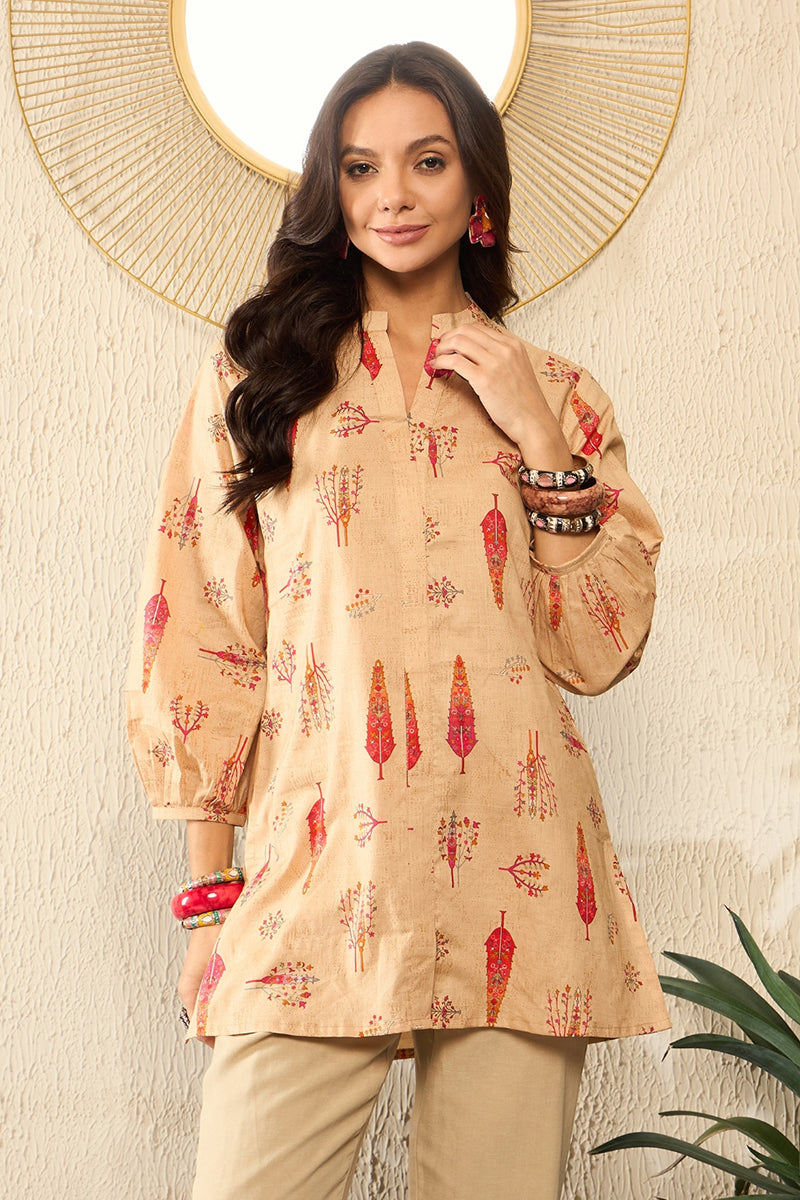 Beige Cotton Blend Floral Printed Regular Top VT1329 | DesiQlo