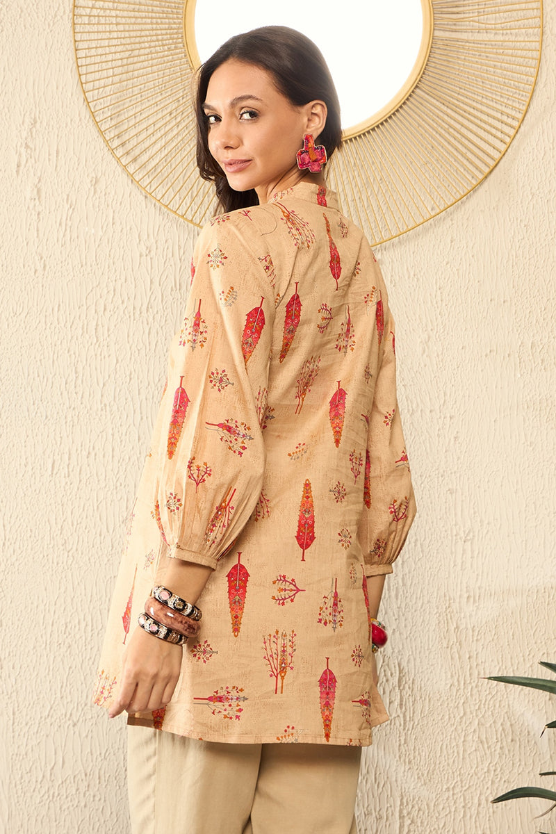 Beige Cotton Blend Floral Printed Regular Top VT1329 | DesiQlo