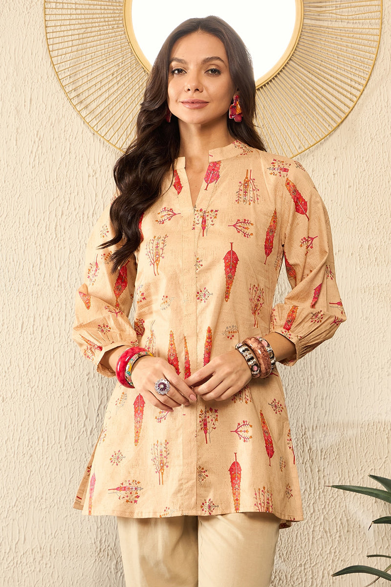 Beige Cotton Blend Floral Printed Regular Top VT1329 | DesiQlo