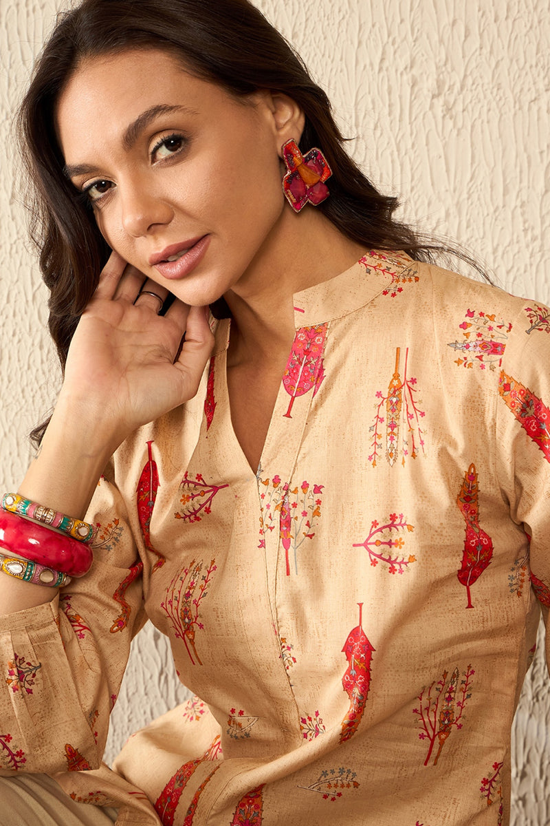 Beige Cotton Blend Floral Printed Regular Top VT1329 | DesiQlo