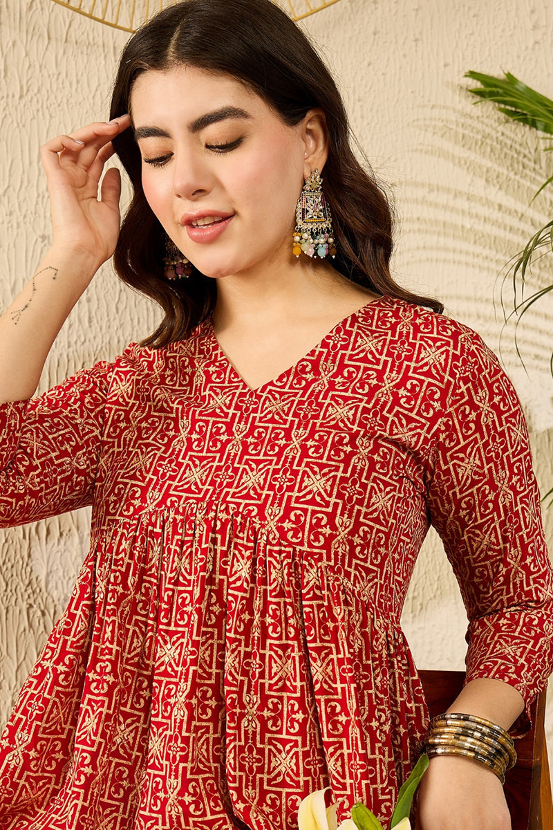 Red Viscose Rayon Ethnic Motifs Printed Regular Kurti Tunics VT1330 | 