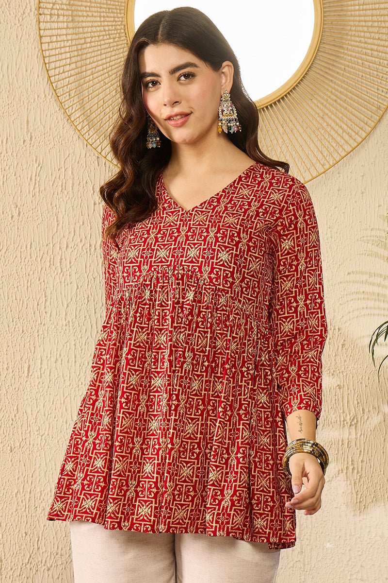 Red Viscose Rayon Ethnic Motifs Printed Regular Kurti Tunics VT1330 | 
