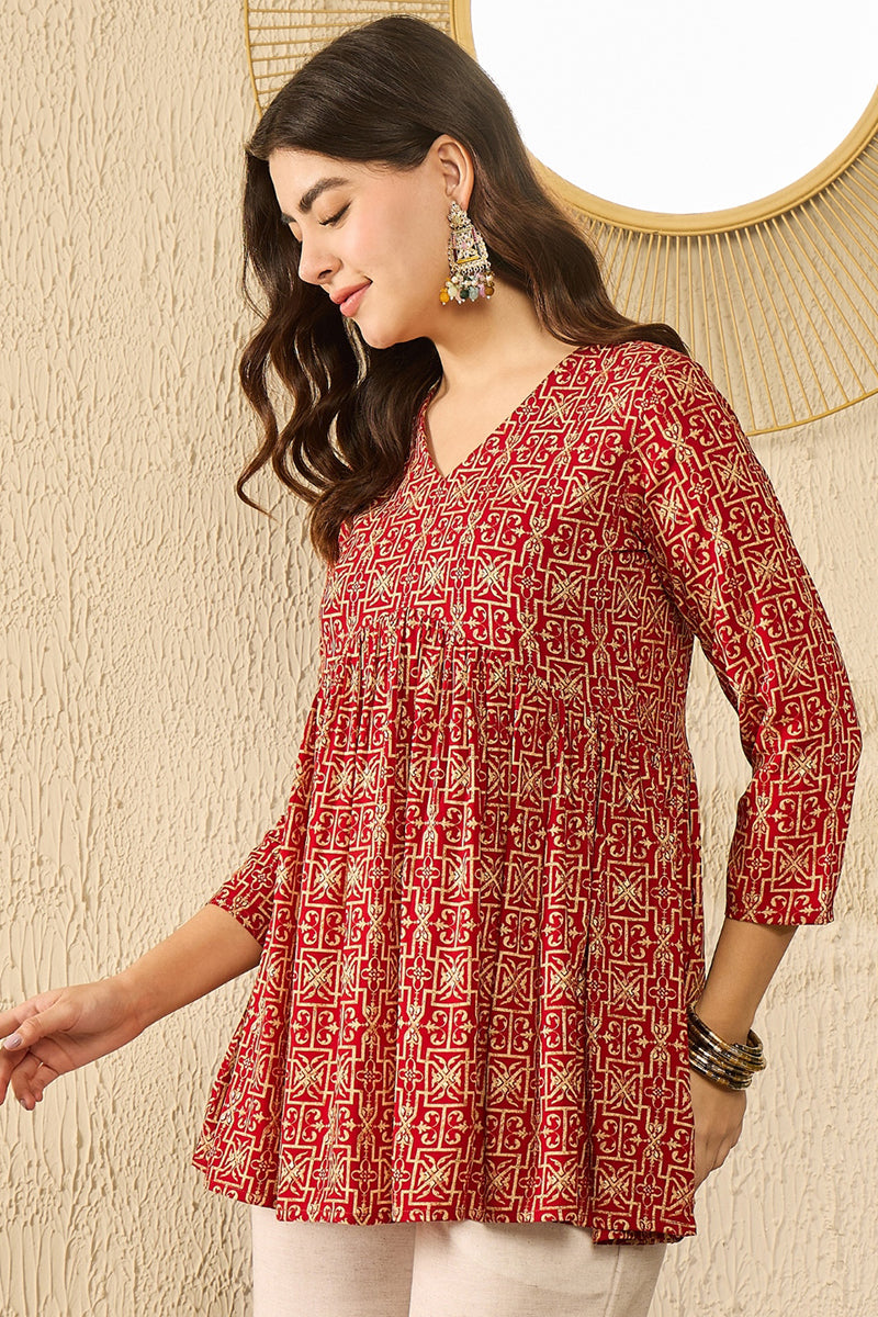 Red Viscose Rayon Ethnic Motifs Printed Regular Kurti Tunics VT1330 | 