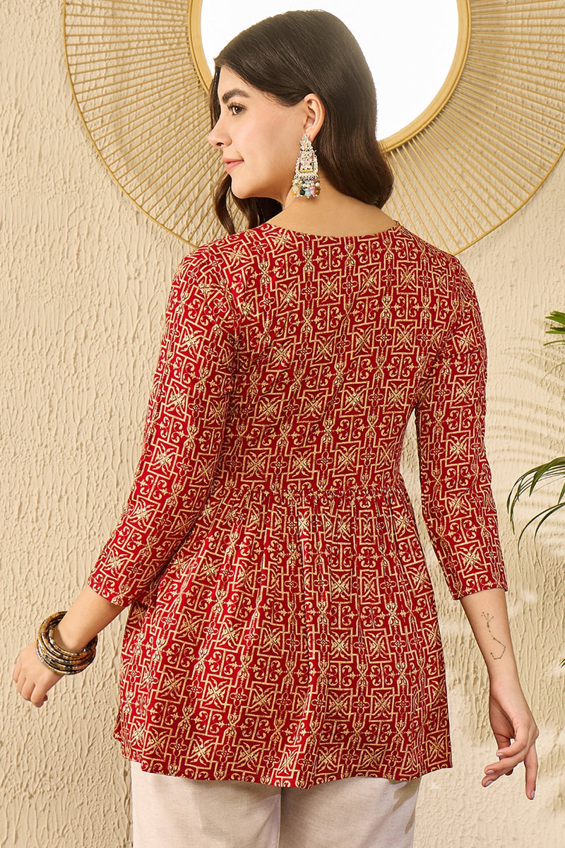 Red Viscose Rayon Ethnic Motifs Printed Regular Kurti Tunics VT1330 | 