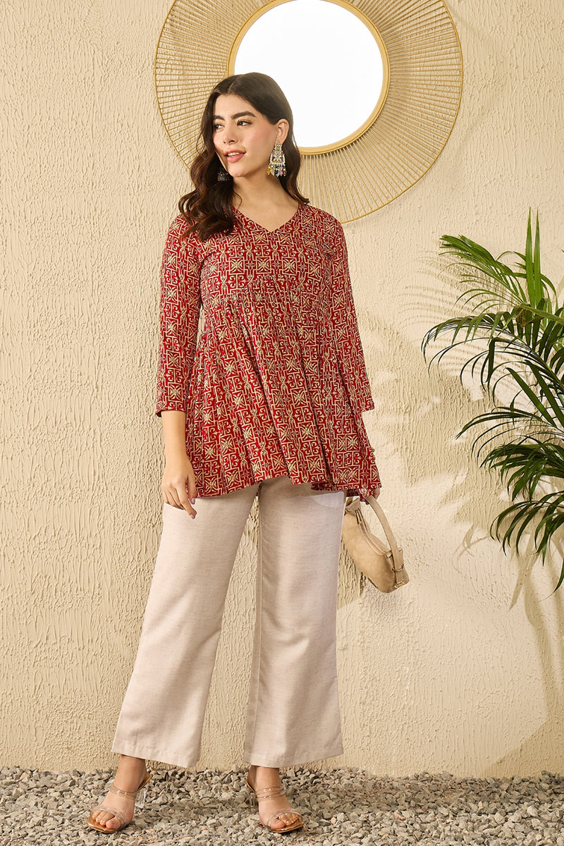 Red Viscose Rayon Ethnic Motifs Printed Regular Kurti Tunics VT1330 | 
