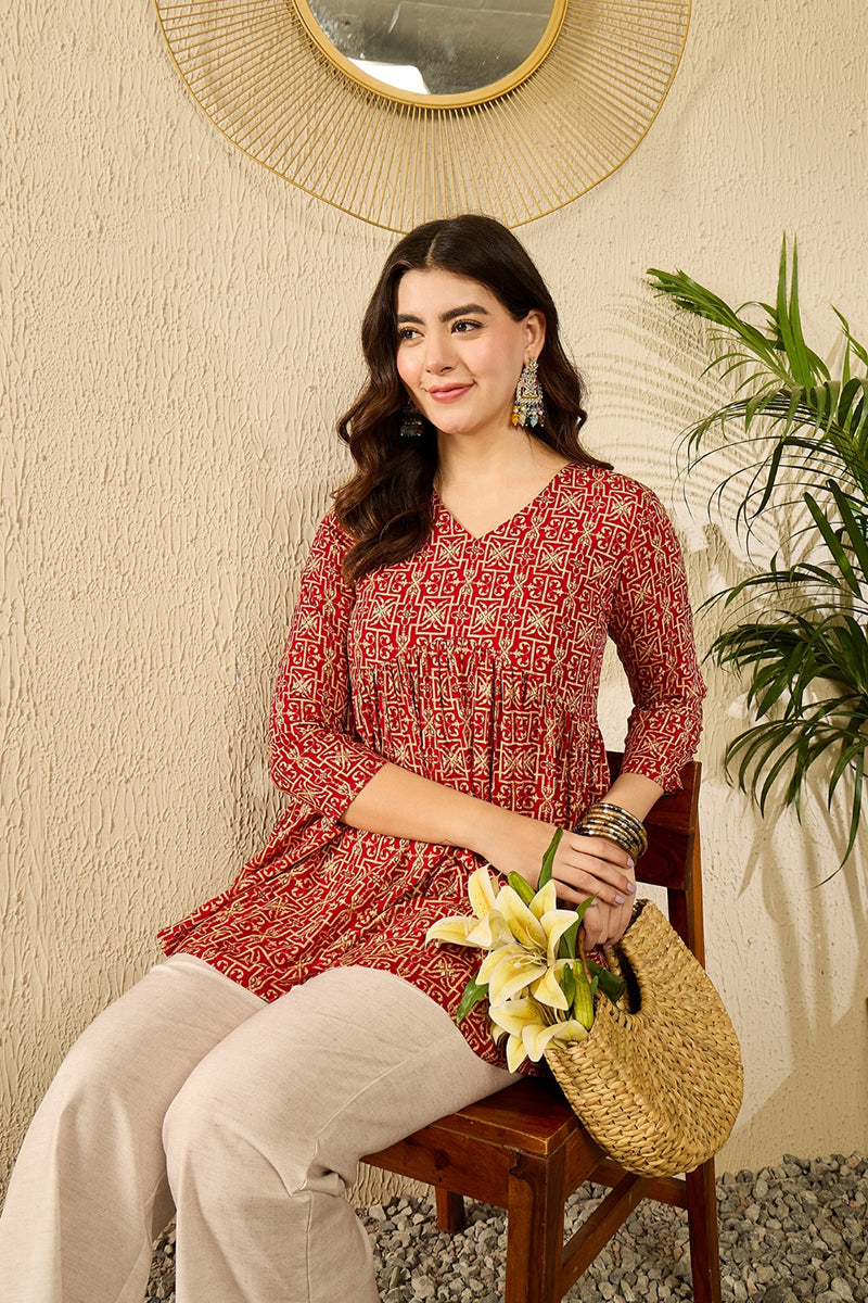 Red Viscose Rayon Ethnic Motifs Printed Regular Kurti Tunics VT1330 | 