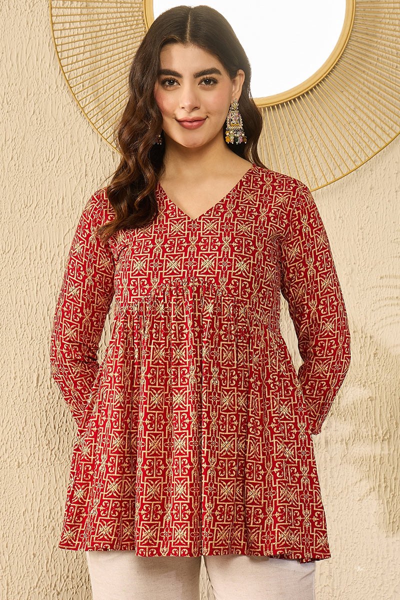 Red Viscose Rayon Ethnic Motifs Printed Regular Kurti Tunics VT1330 | 