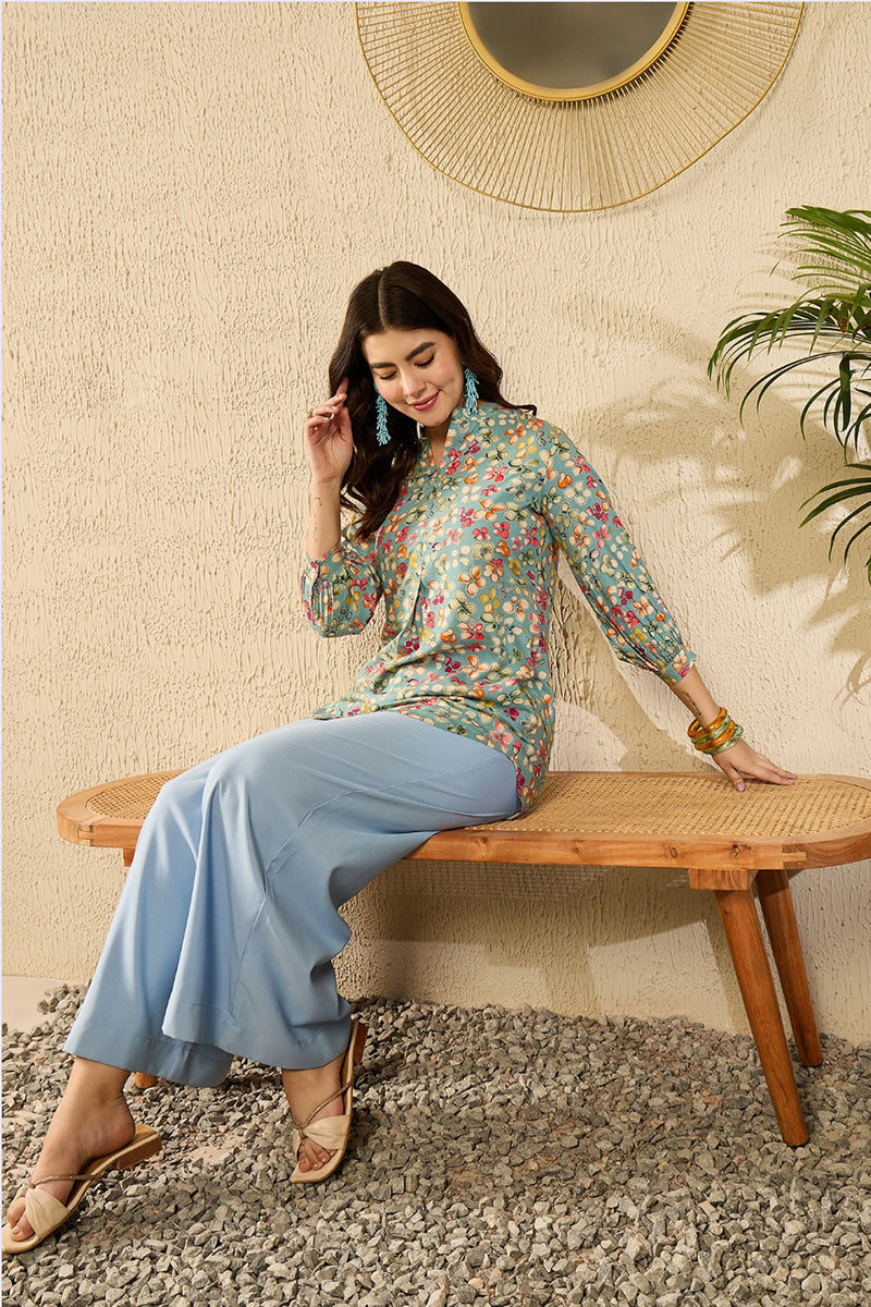Blue Viscose Rayon Floral Printed Regular Top VT1335 | DesiQlo