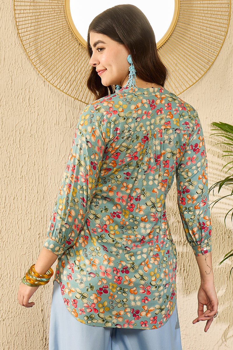 Blue Viscose Rayon Floral Printed Regular Top VT1335 | DesiQlo