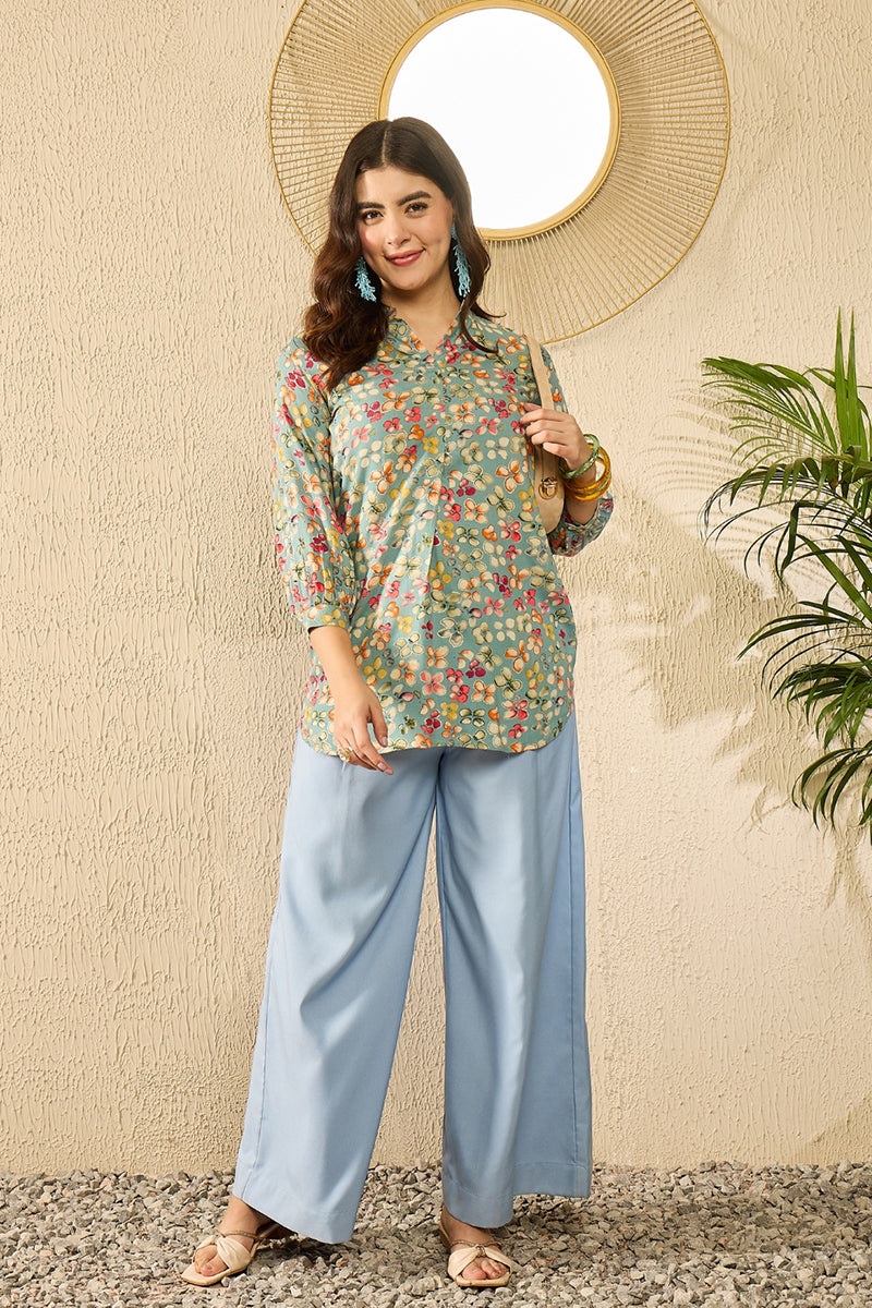 Blue Viscose Rayon Floral Printed Regular Top VT1335 | DesiQlo
