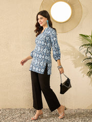 Women Blue Rayon Blend Ikat Printed Regular Top-VT1350