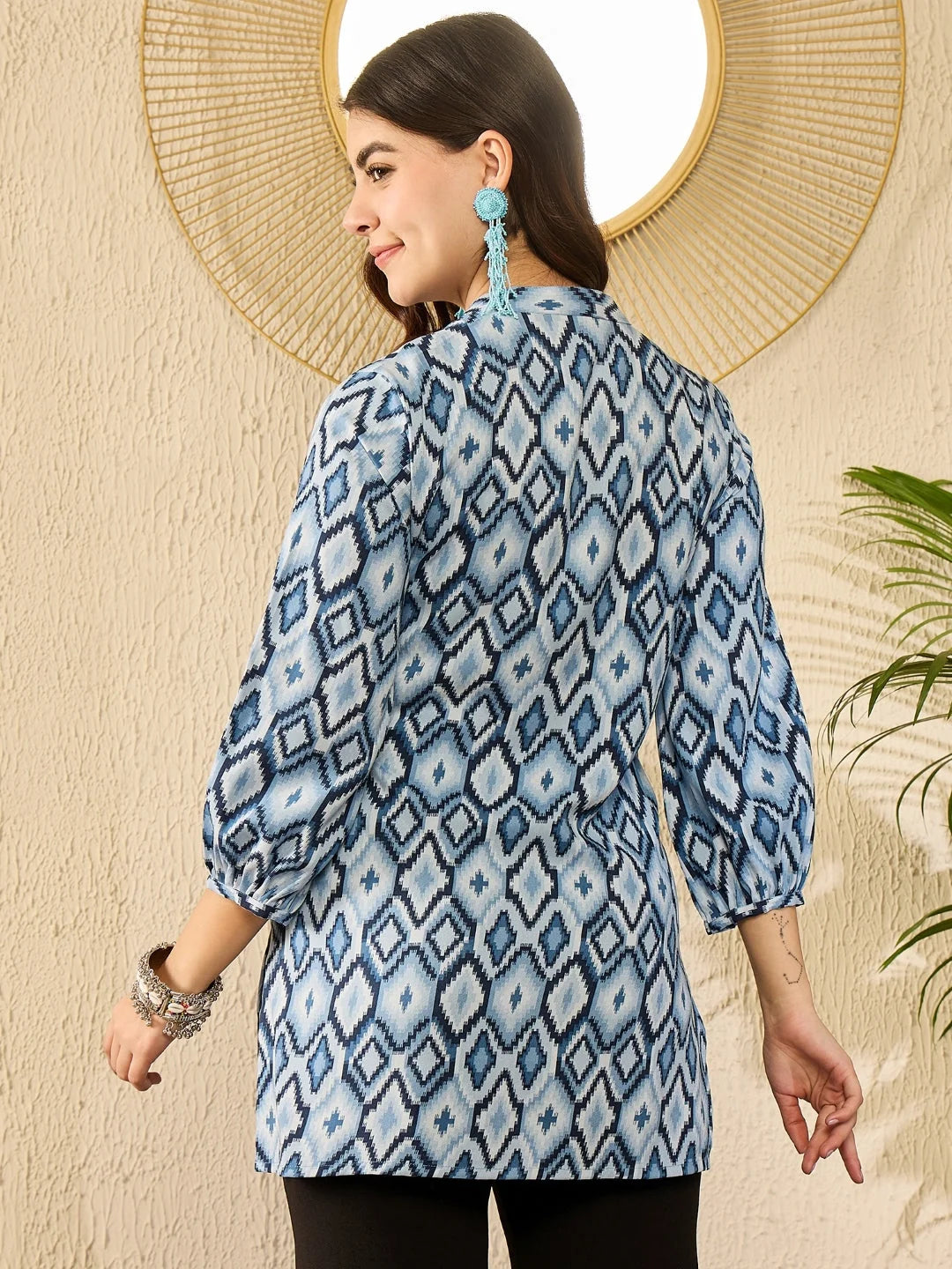 Women Blue Rayon Blend Ikat Printed Regular Top