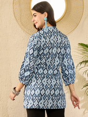 Women Blue Rayon Blend Ikat Printed Regular Top-VT1350
