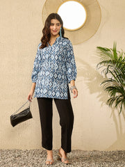 Women Blue Rayon Blend Ikat Printed Regular Top-VT1350