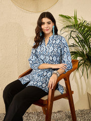 Women Blue Rayon Blend Ikat Printed Regular Top-VT1350