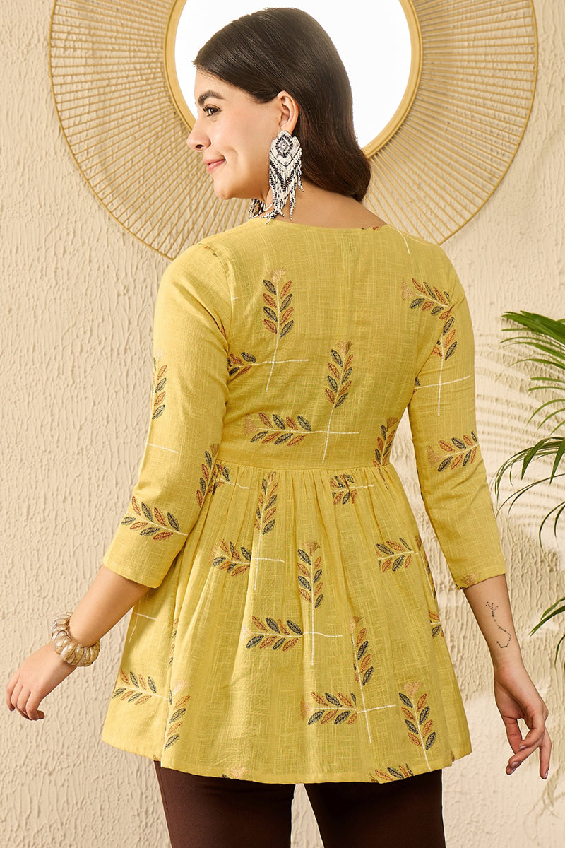 Yellow Cotton Blend Floral Printed Regular Kurti Tunics VT1352 | DesiQ