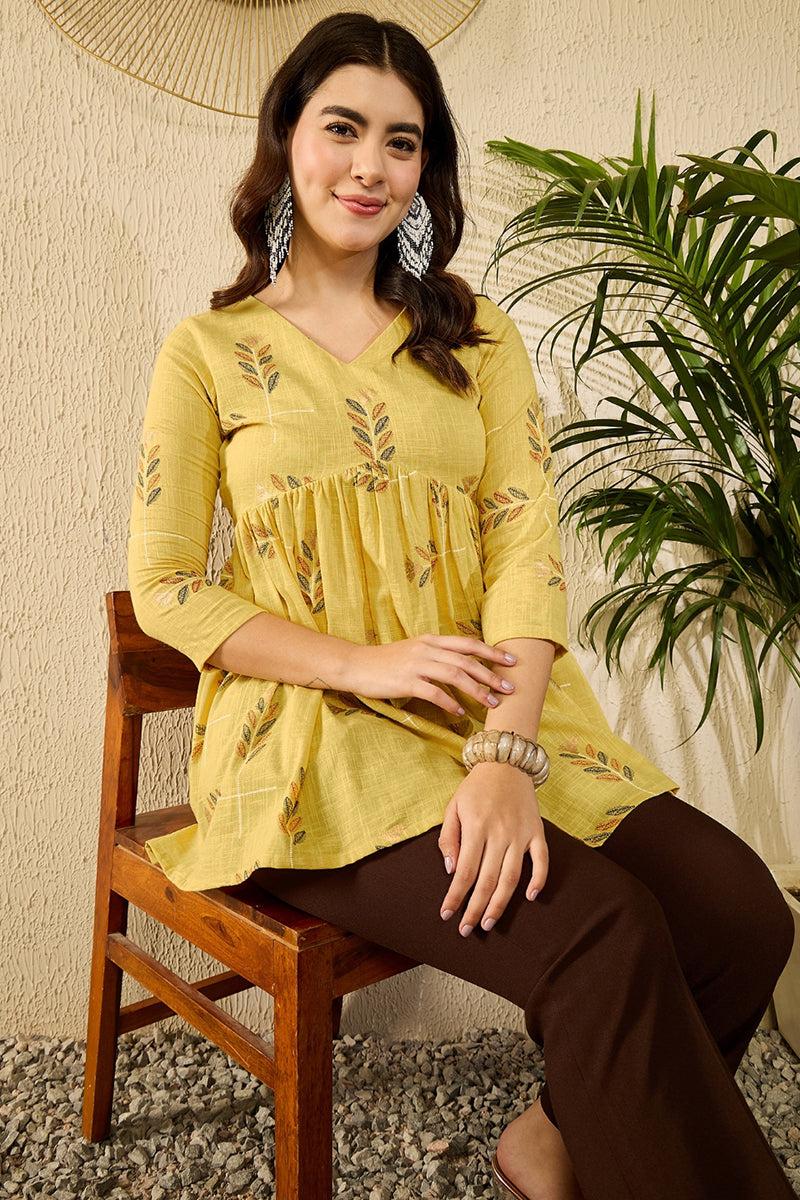 Yellow Cotton Blend Floral Printed Regular Kurti Tunics VT1352 | DesiQ