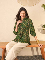 Women Green Cotton Blend Ethnic Motifs Printed Regular Top-VT1364