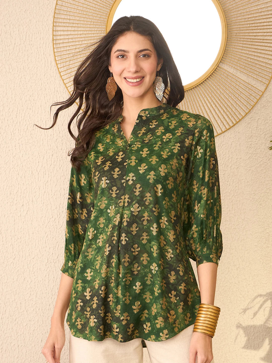 Women Green Cotton Blend Ethnic Motifs Printed Regular Top