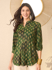 Women Green Cotton Blend Ethnic Motifs Printed Regular Top-VT1364