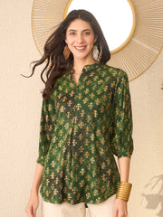 Women Green Cotton Blend Ethnic Motifs Printed Regular Top-VT1364