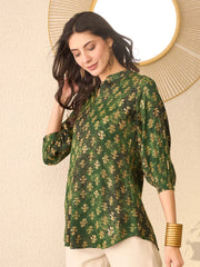 Women Green Cotton Blend Ethnic Motifs Printed Regular Top-VT1364