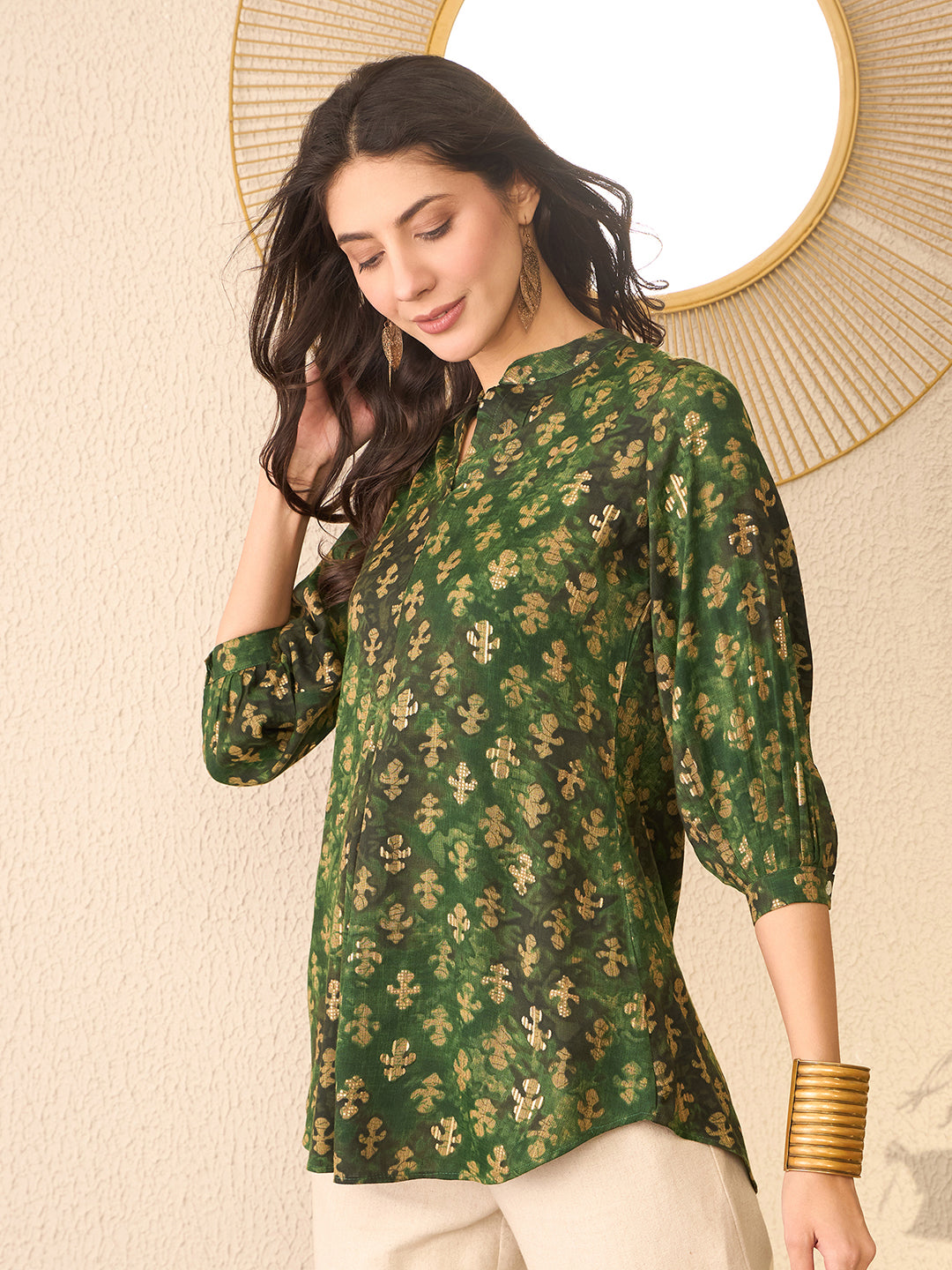 Women Green Cotton Blend Ethnic Motifs Printed Regular Top