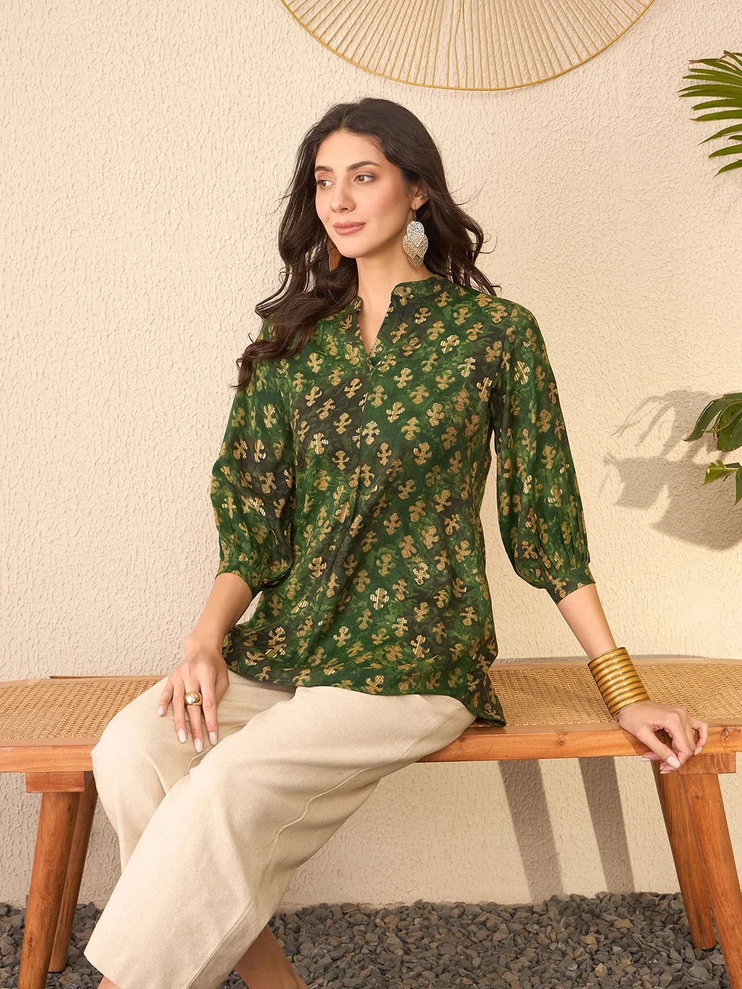 Women Green Cotton Blend Ethnic Motifs Printed Regular Top