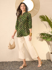 Women Green Cotton Blend Ethnic Motifs Printed Regular Top-VT1364