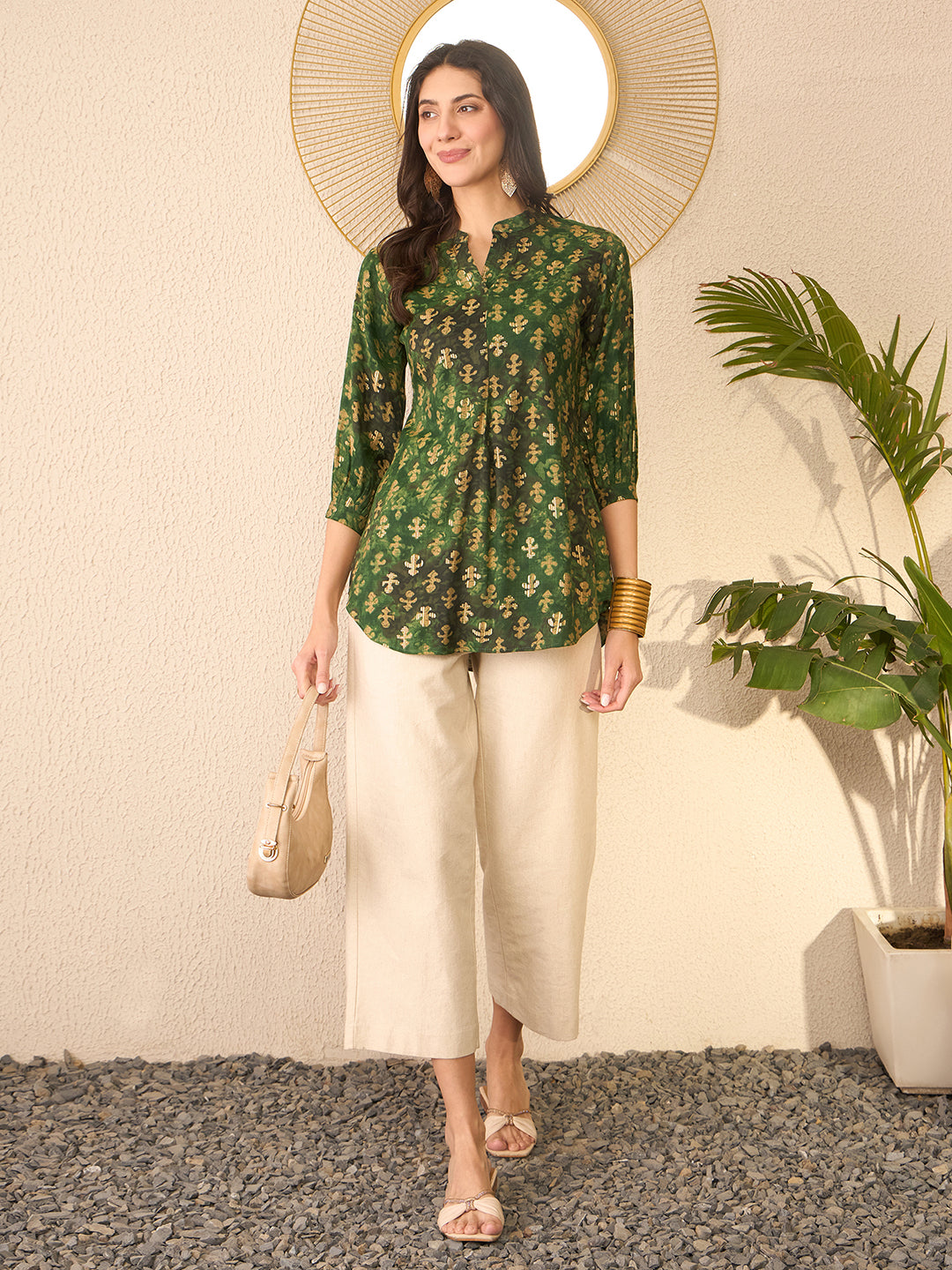 Women Green Cotton Blend Ethnic Motifs Printed Regular Top
