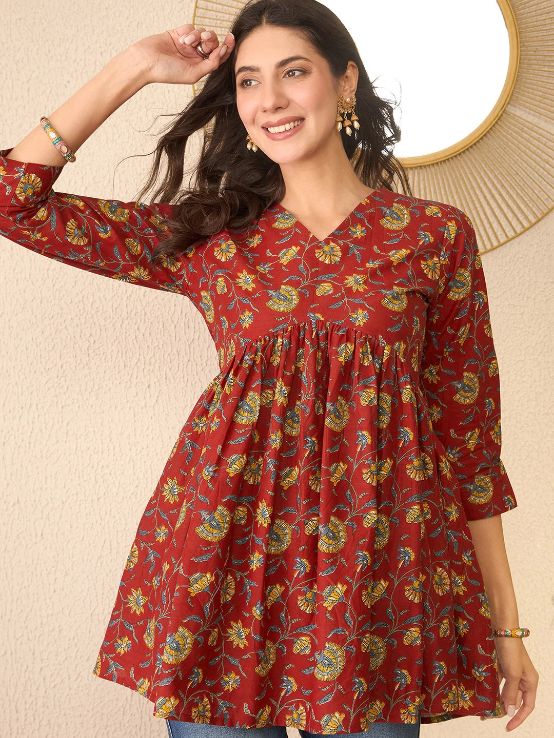 Women Red Cotton Blend Floral Printed Regular Peplum Top-VT1367