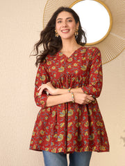 Women Red Cotton Blend Floral Printed Regular Peplum Top-VT1367