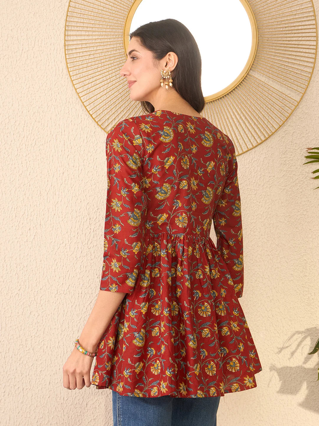 Women Red Cotton Blend Floral Printed Regular Peplum Top