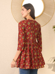 Women Red Cotton Blend Floral Printed Regular Peplum Top-VT1367