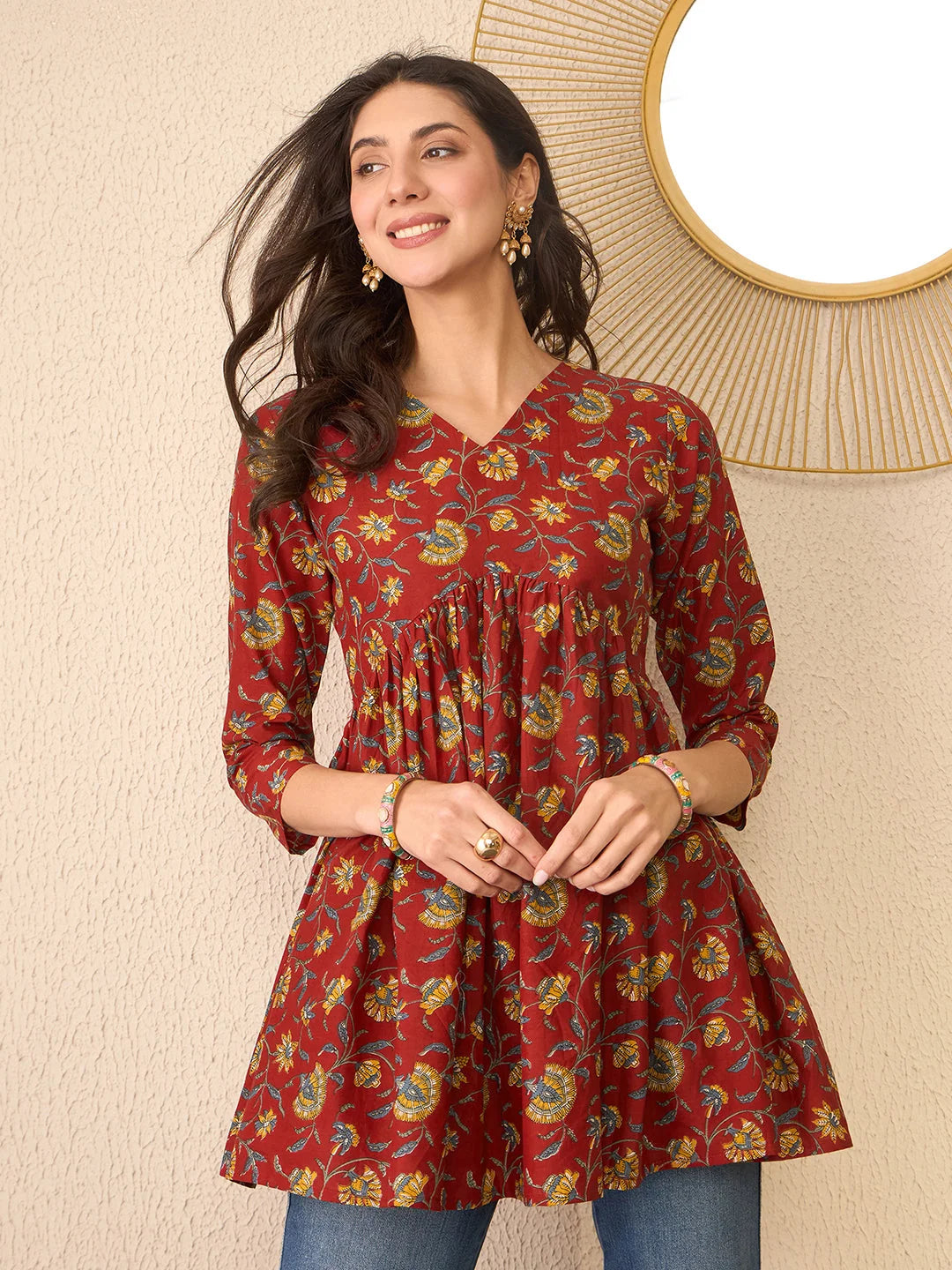 Women Red Cotton Blend Floral Printed Regular Peplum Top