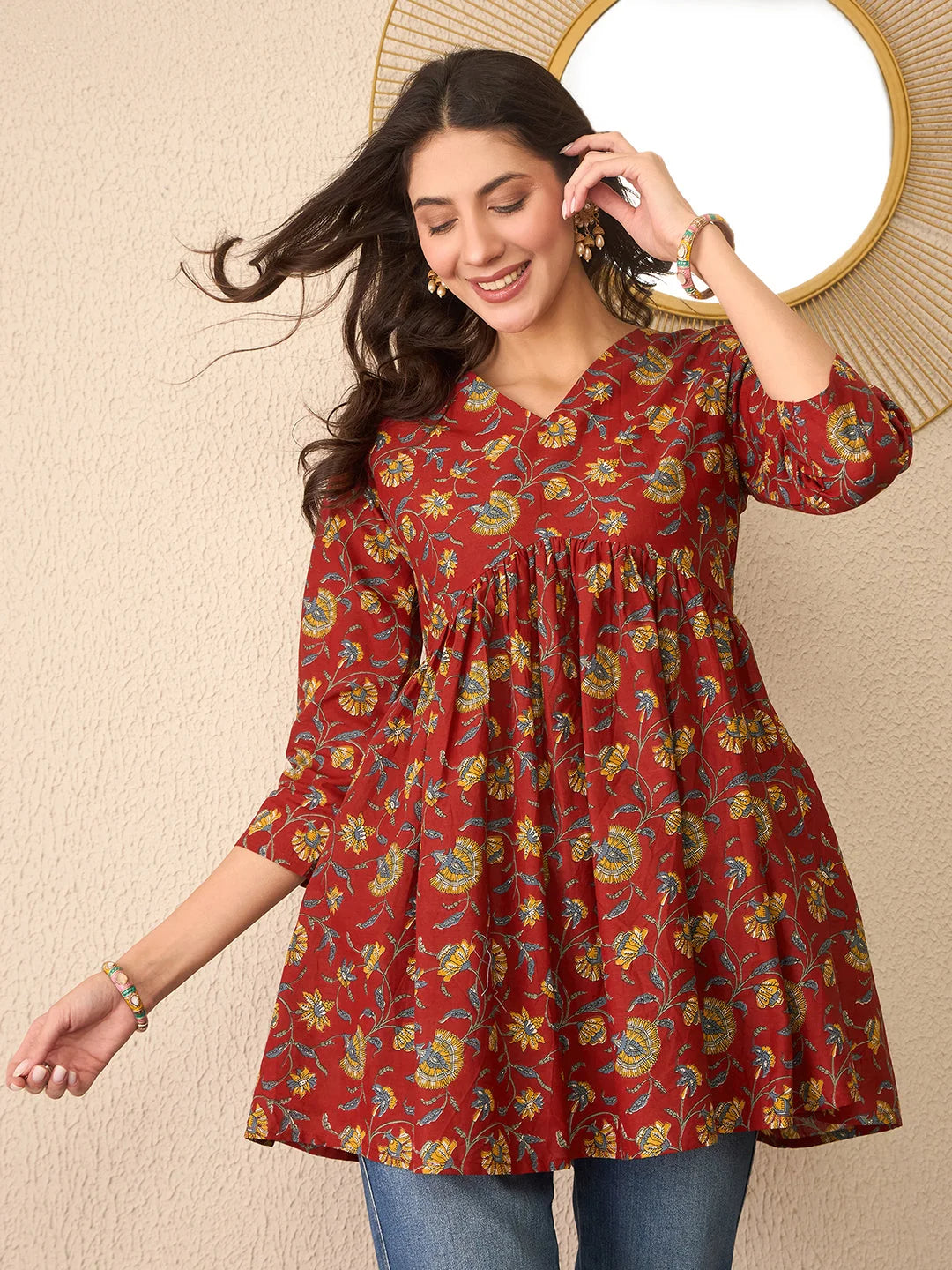 Women Red Cotton Blend Floral Printed Regular Peplum Top