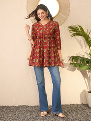 Women Red Cotton Blend Floral Printed Regular Peplum Top-VT1367