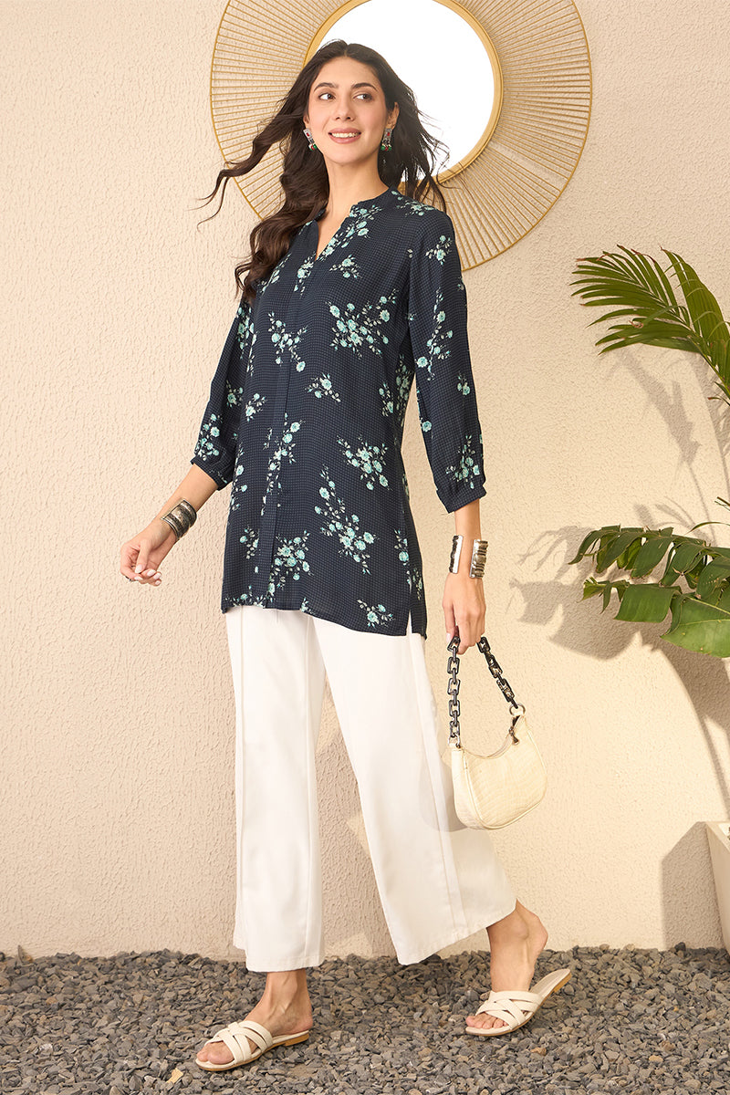 Navy Blue Rayon Blend Floral Printed Regular Top VT1368 | DesiQlo