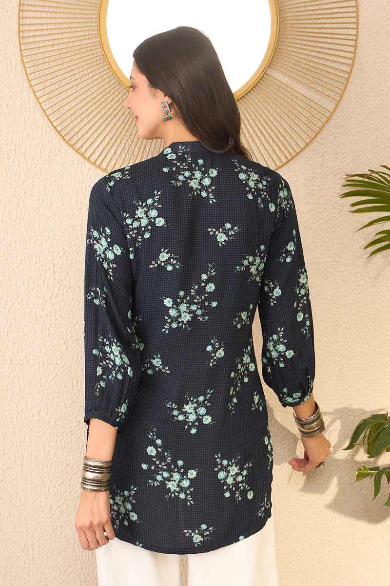 Navy Blue Rayon Blend Floral Printed Regular Top VT1368 | DesiQlo