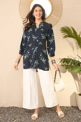 Navy Blue Rayon Blend Floral Printed Regular Top VT1368