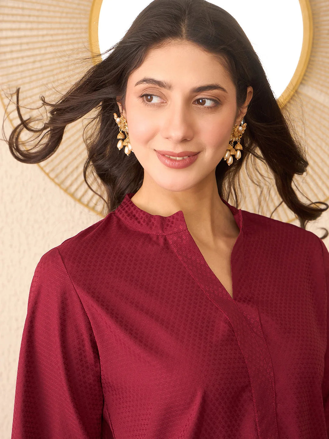 Women Maroon Silk Blend Solid Regular Top