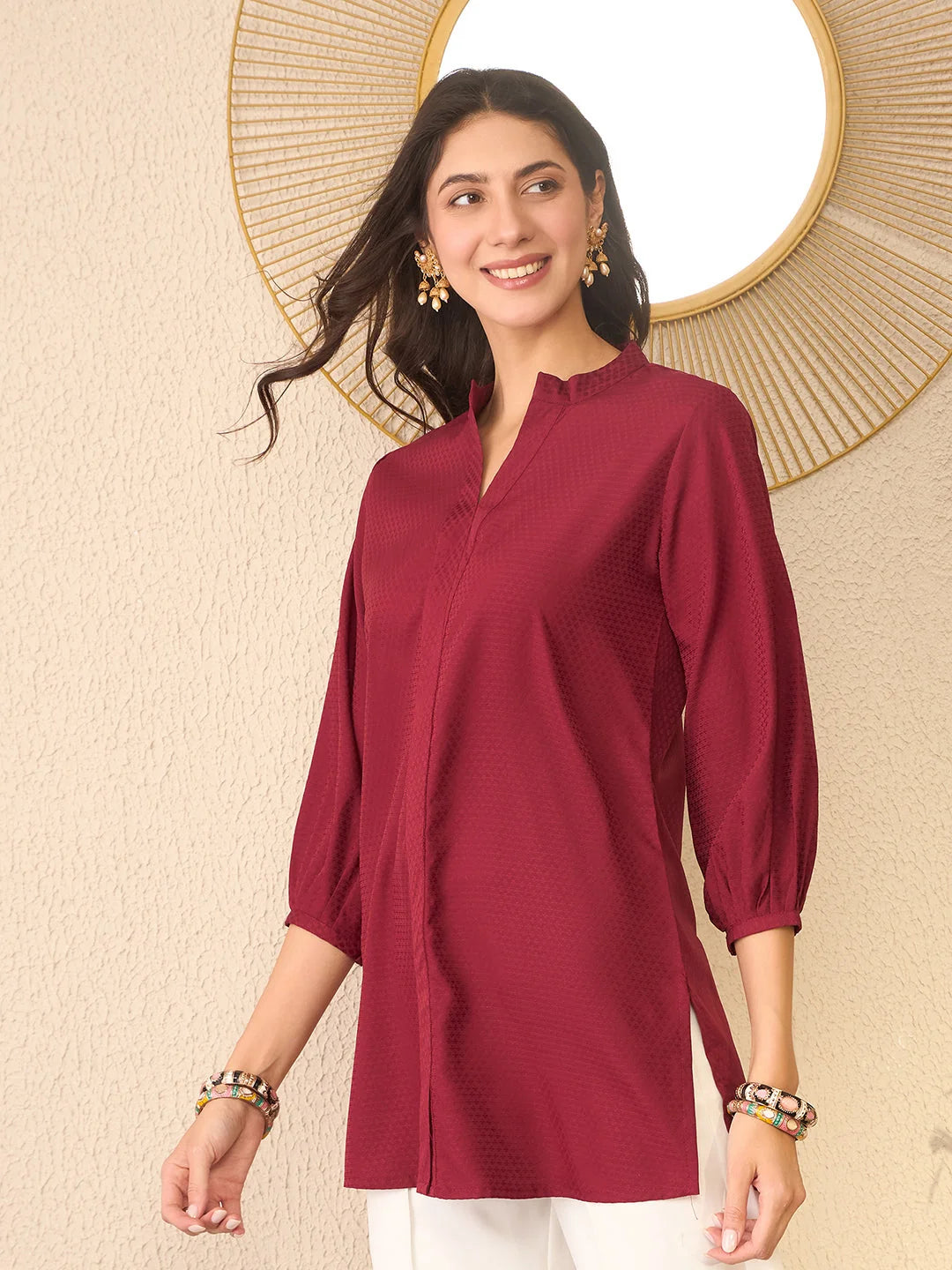 Women Maroon Silk Blend Solid Regular Top