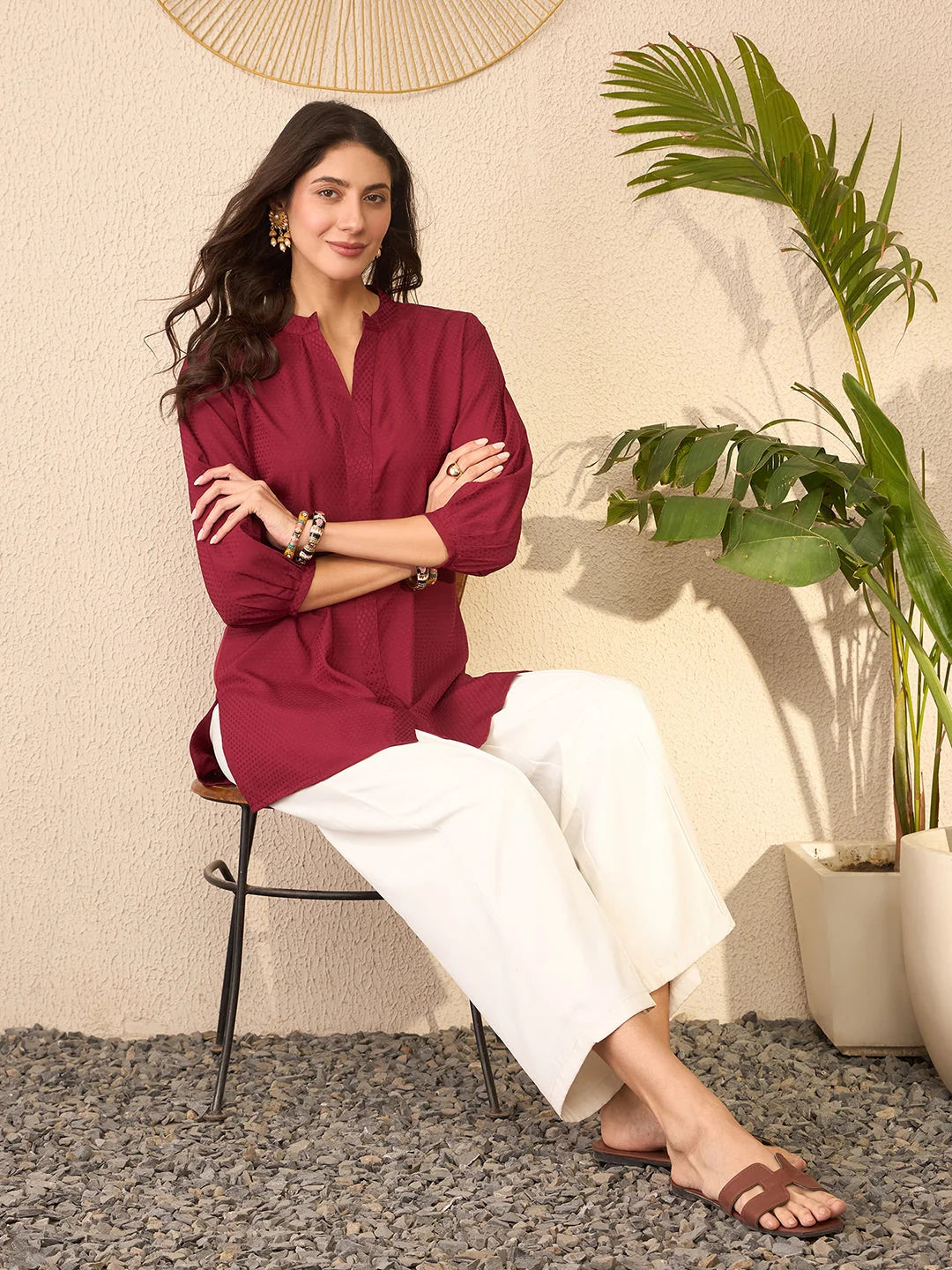 Women Maroon Silk Blend Solid Regular Top